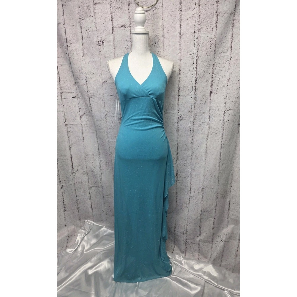 Vintage Taboo Women Babydoll Blue Maxi Dress S Y2K Fairy Halter Sparkle